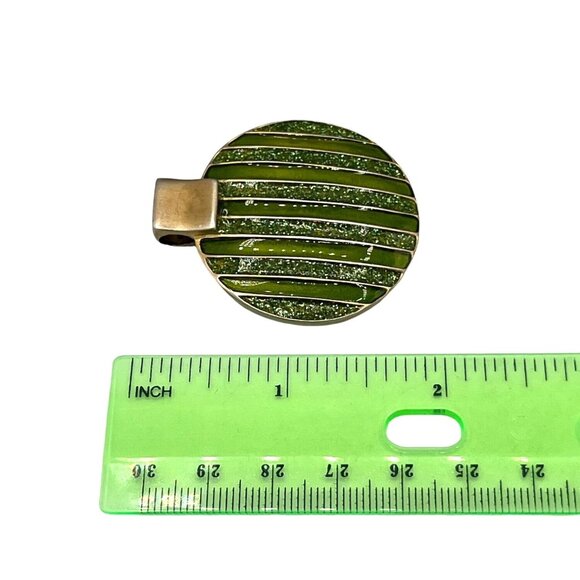Vintage Green & Gold Tone Striped Enamel Xmas Ornament Pendant 1 1/2" Round - Picture 7 of 8
